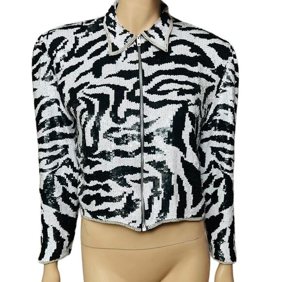 Harrison Morgan 100% Silk Sequins Zebra Print Size M Zipper Front Closure - Picture 1 of 11